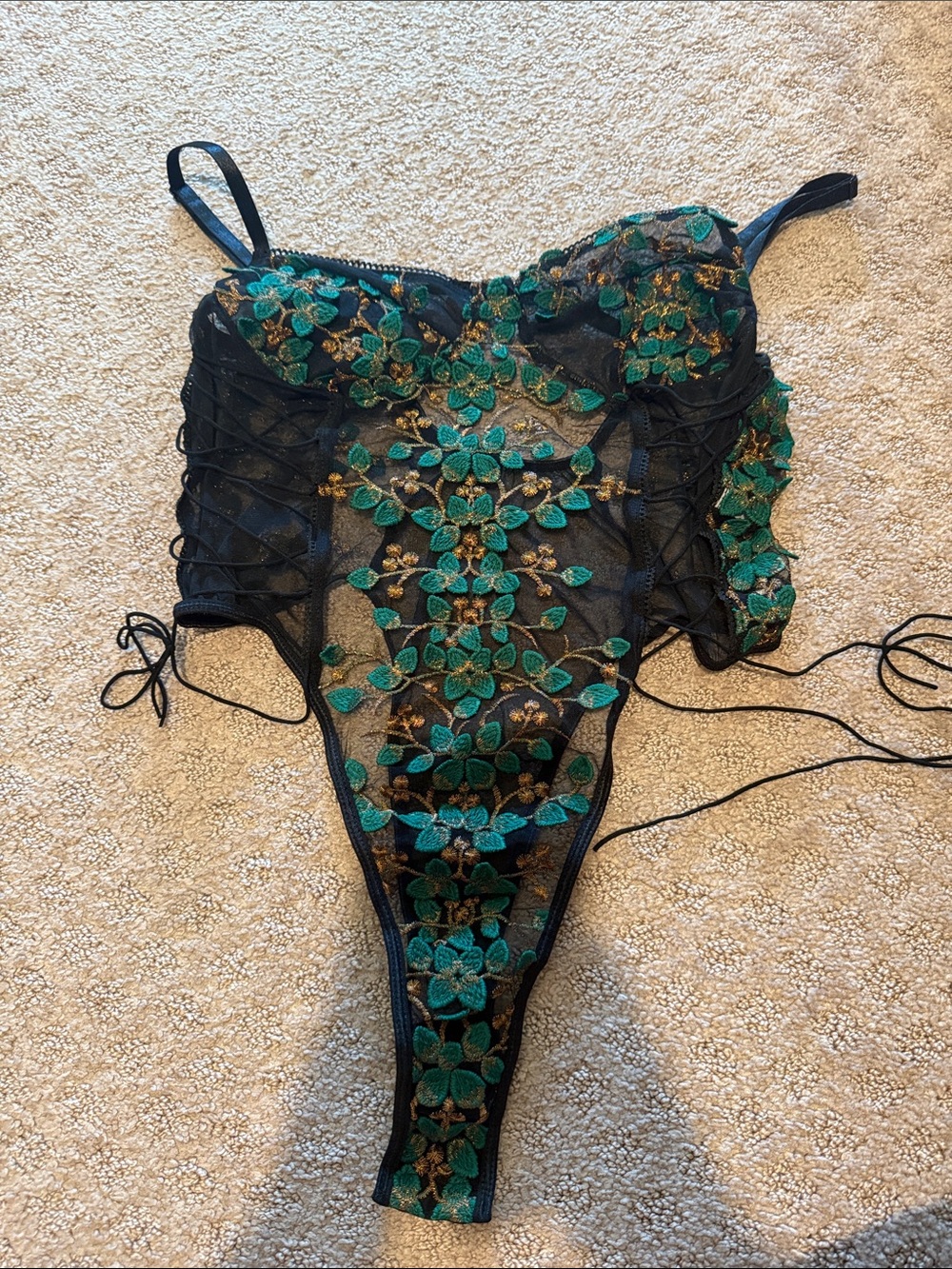 Sheer Black Bodysuit with Teal Floral Embroidery